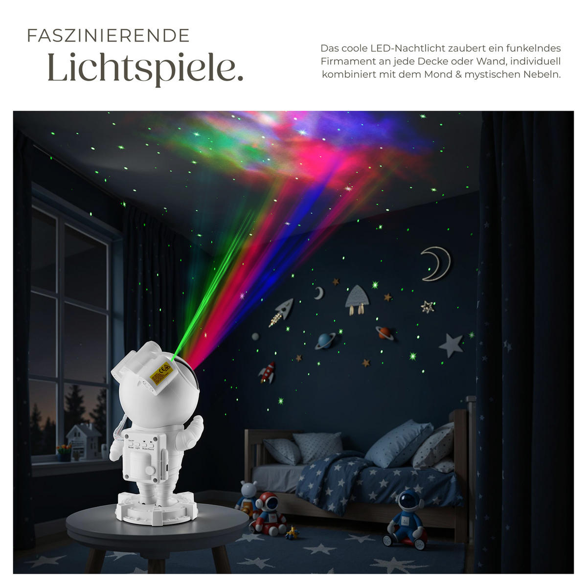 LED-STERNENHIMMEL-PROJEKTOR Astronaut,Bluetooth- und Music-Funktion mit 8 Sounds sowie Timer,weiß - Weiß, Kunststoff (11.5/12/23.5cm) - tectake