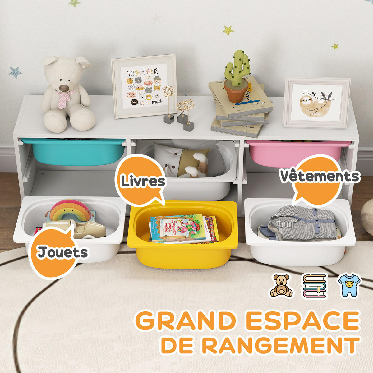 KINDERREGAL DE-17269 2 Ebenen mit 6 farbigen Boxen Weiß - Weiß, Metall (97/29/21cm) - ComfortXL