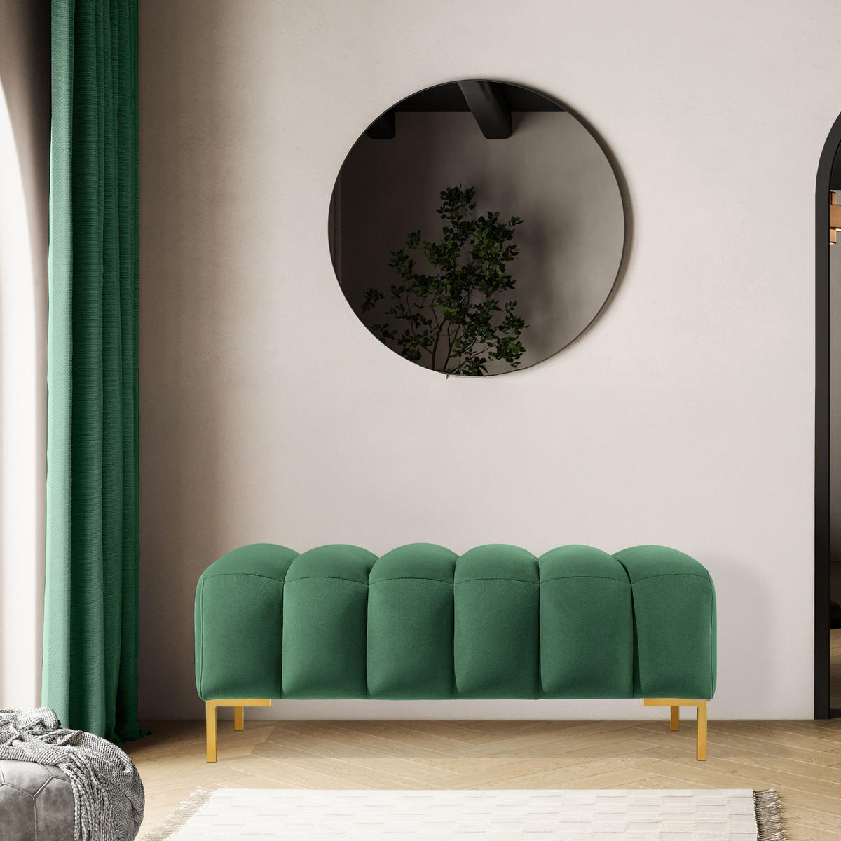 SITZHOCKER Polsterhocker PECCO, Veloursstoff - Dunkelgrün/Goldfarben, Holz/Textil (120/50/50cm) - KONSIMO®
