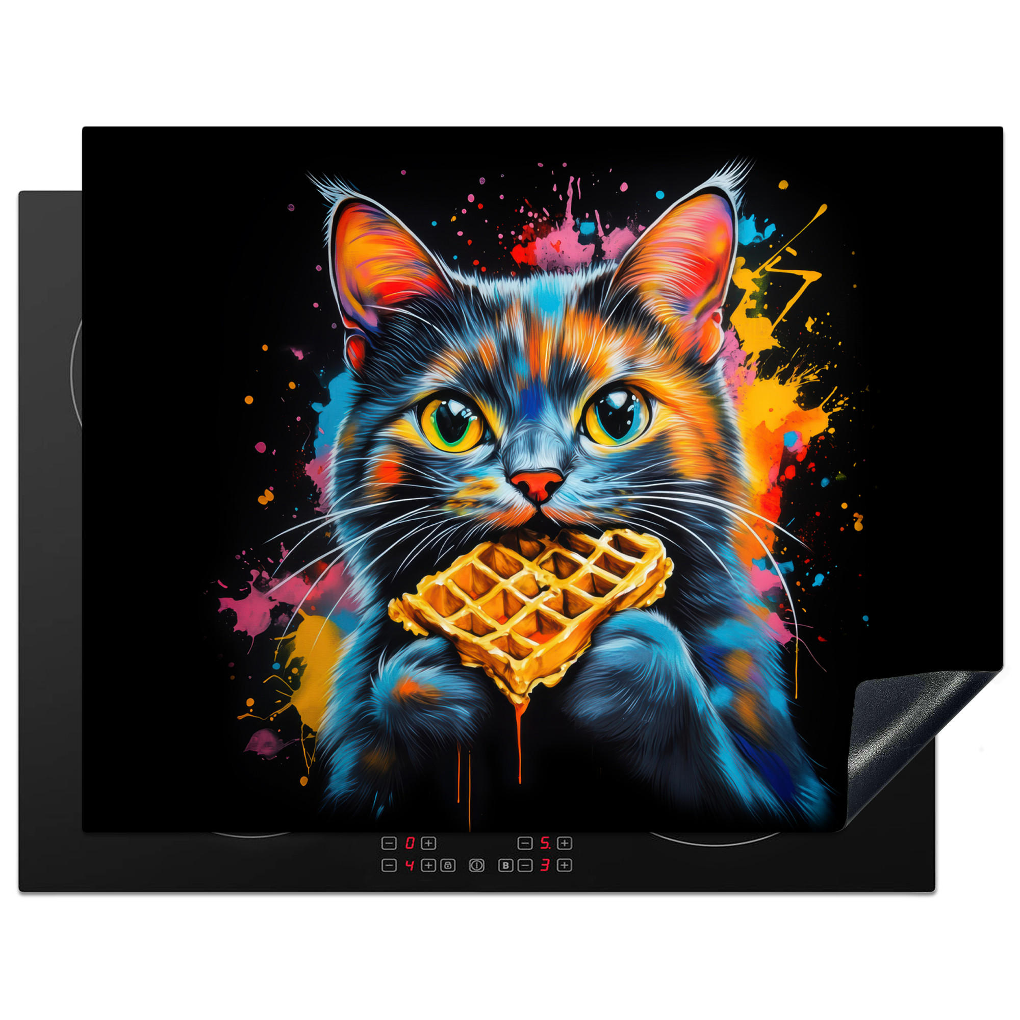 HERDABDECKPLATTE Katze - Graffiti - Bunt - Waffel - Essen Induktionsmatte 77x59 cm - Multicolor, Kunststoff (77/59/0.2cm) - MuchoWow