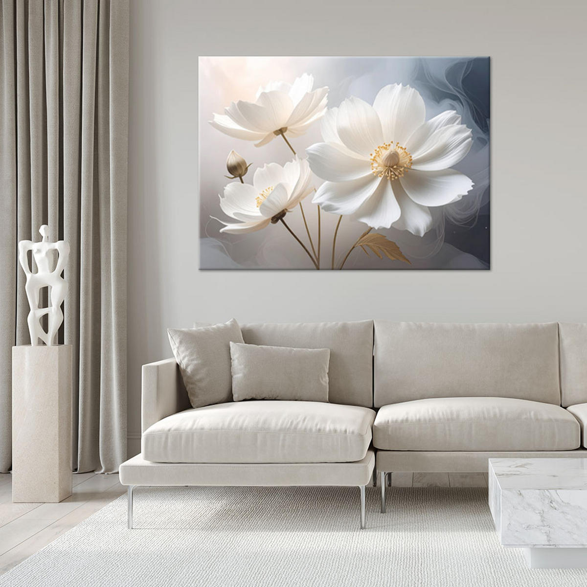 LEINWANDBILD, Zarte weiße Pflanzenblumen - Weiß, Textil (90/60cm) - Feeby