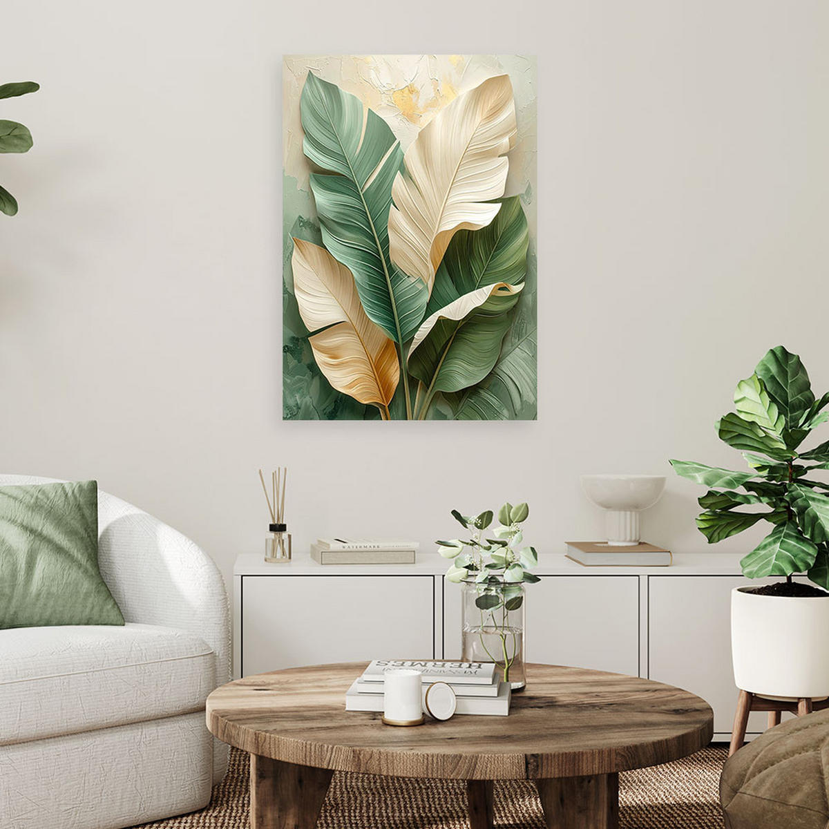 LEINWANDBILDER, Exotische Blätter in Grün- und Cremetönen - Grün, Textil (40/60cm) - Feeby