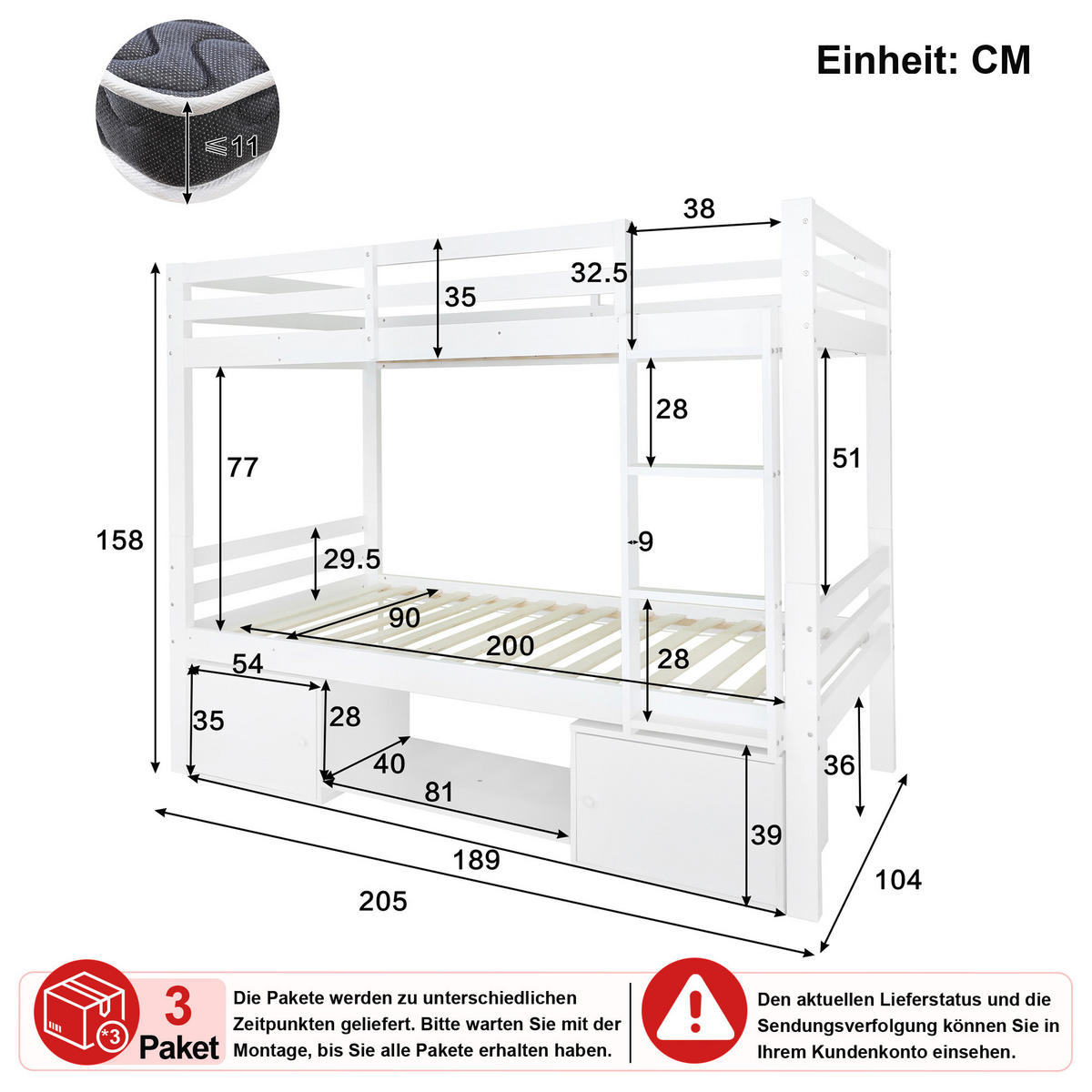 ETAGENBETT 90/200 cm & 90/200 cm in Weiß mit Regal und Schließfächern - Weiß, Holz/Holzwerkstoff (90/200cm) - CHICFURN