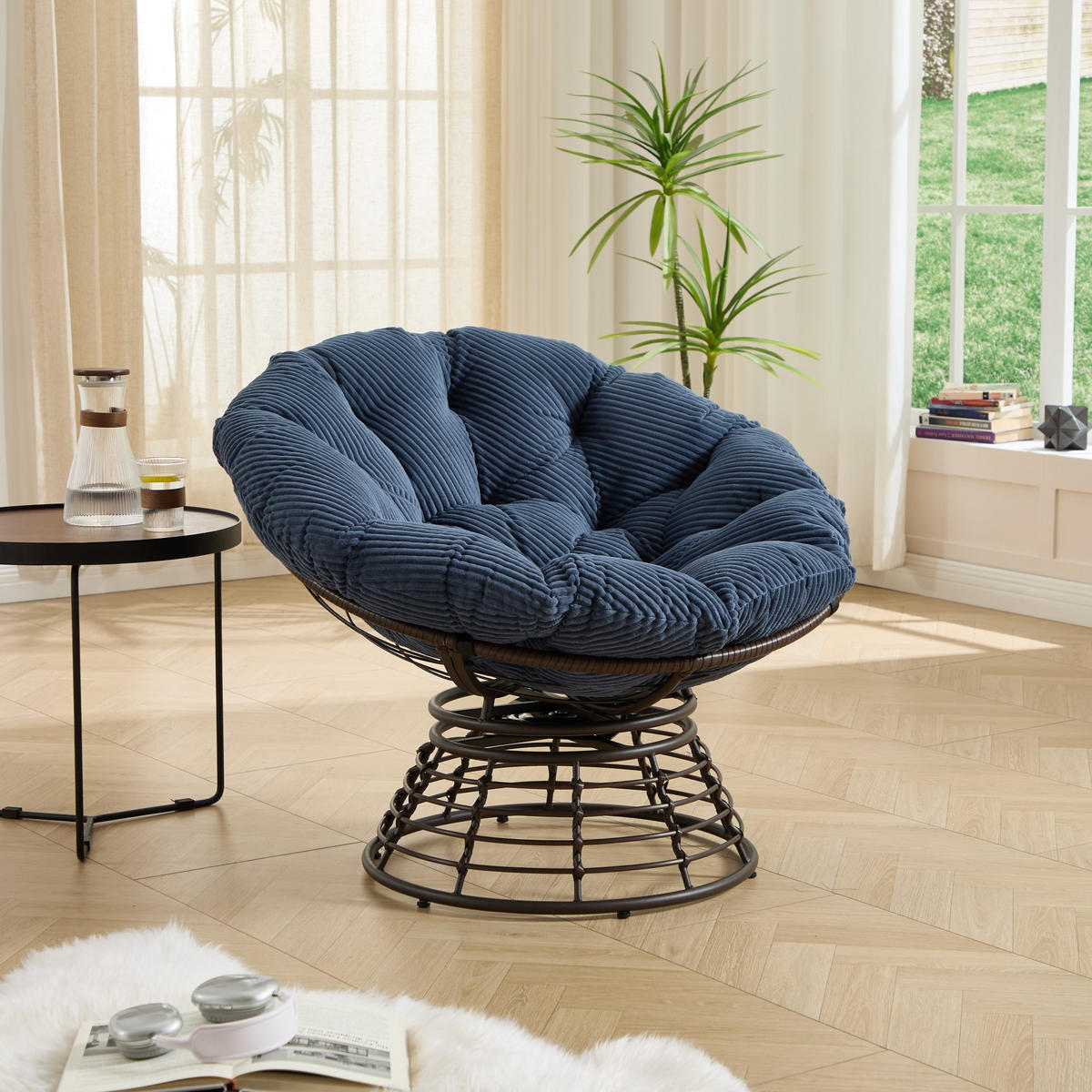 GARTEN-RELAXSESSEL Papasansessel, 360° drehbar,Rattan, Cord, Blau - Blau, Textil (60/67/92cm) - LVHOM