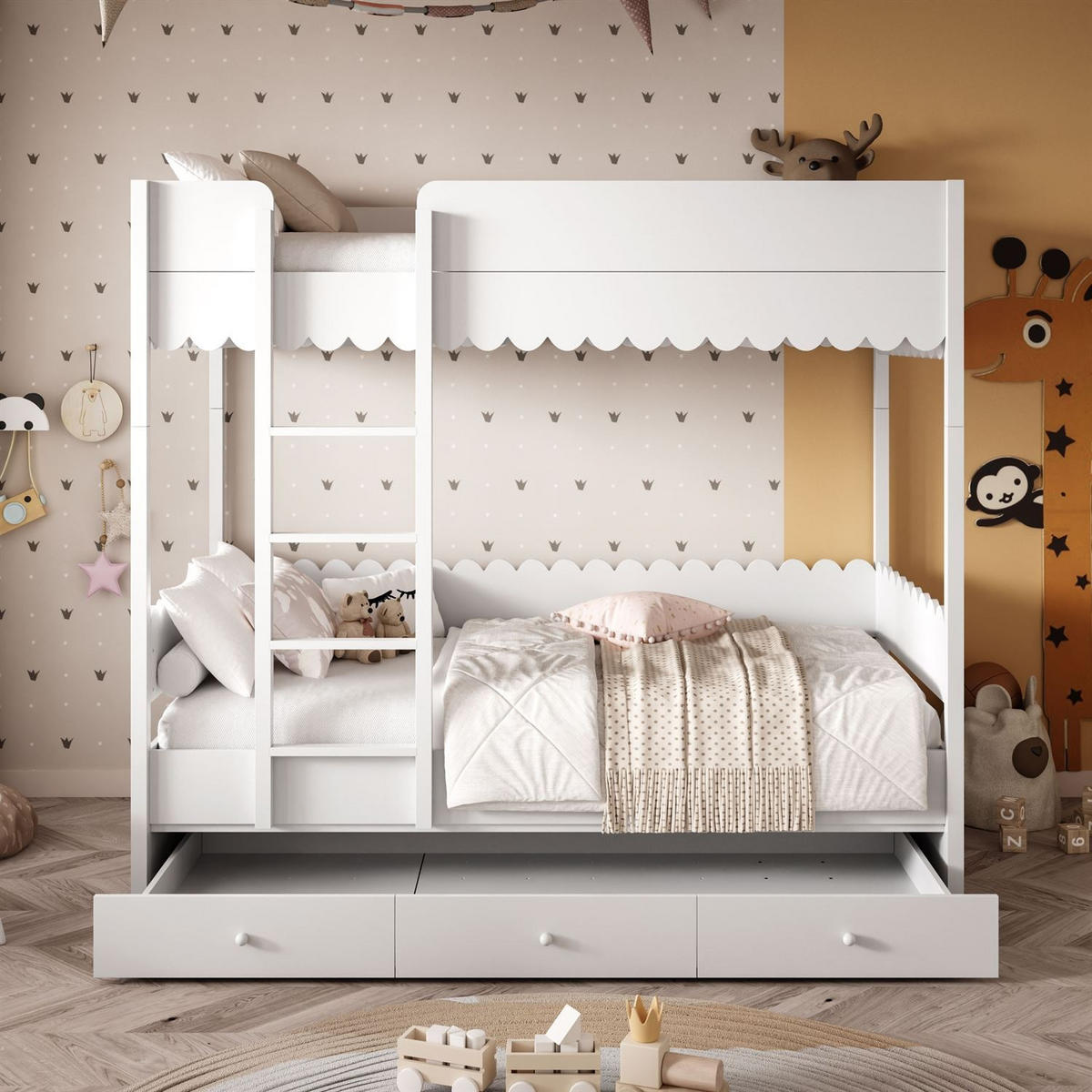 KINDERBETT BABUSHKA – Etagenbett 90x200 cm, ohne Matratze, Weiß - Weiß, Holzwerkstoff - Lookway