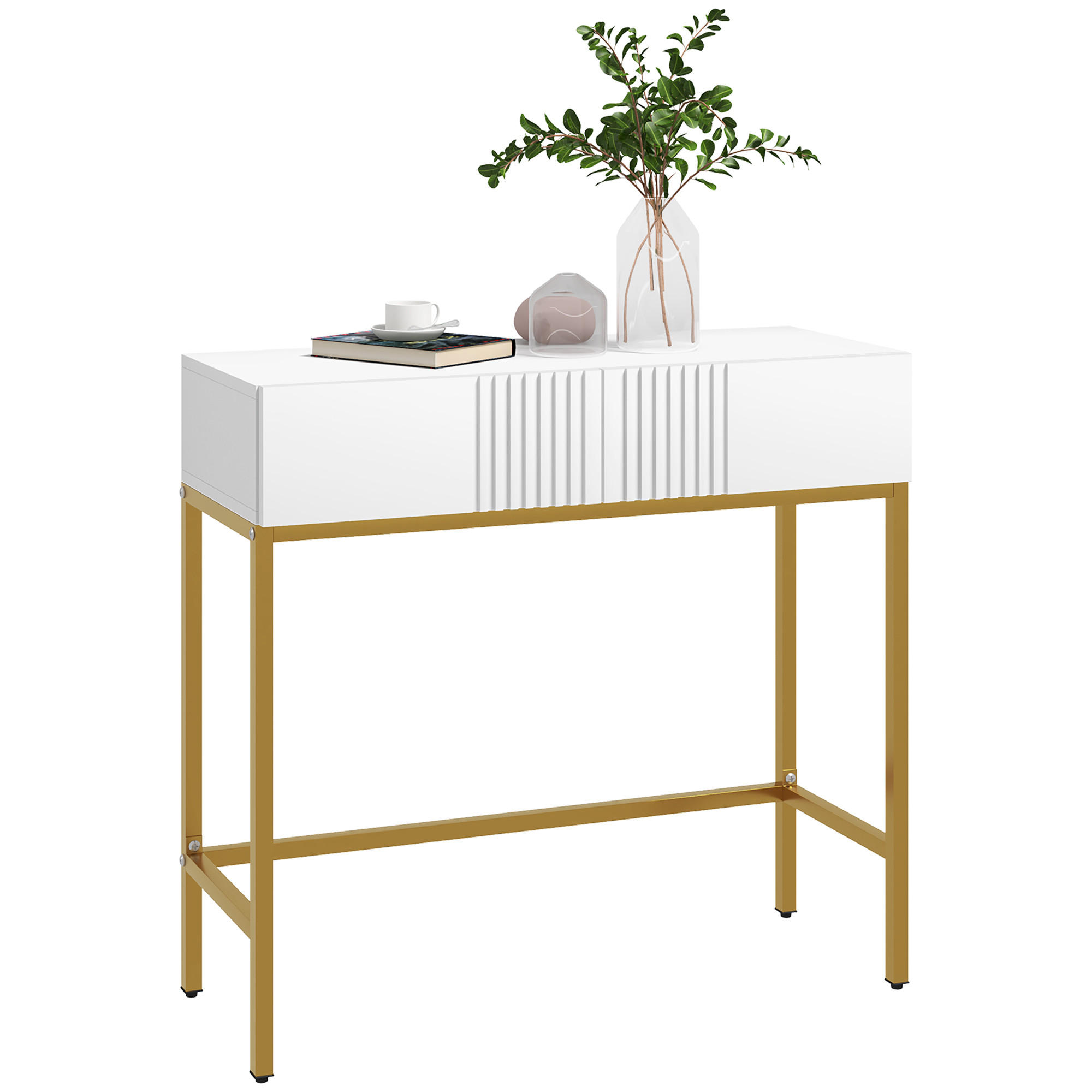 KONSOLENTISCH DE-16771 2 Schubladen, goldene Beine Weiß - Weiß, Holzwerkstoff (80/31.5/75cm) - ComfortXL