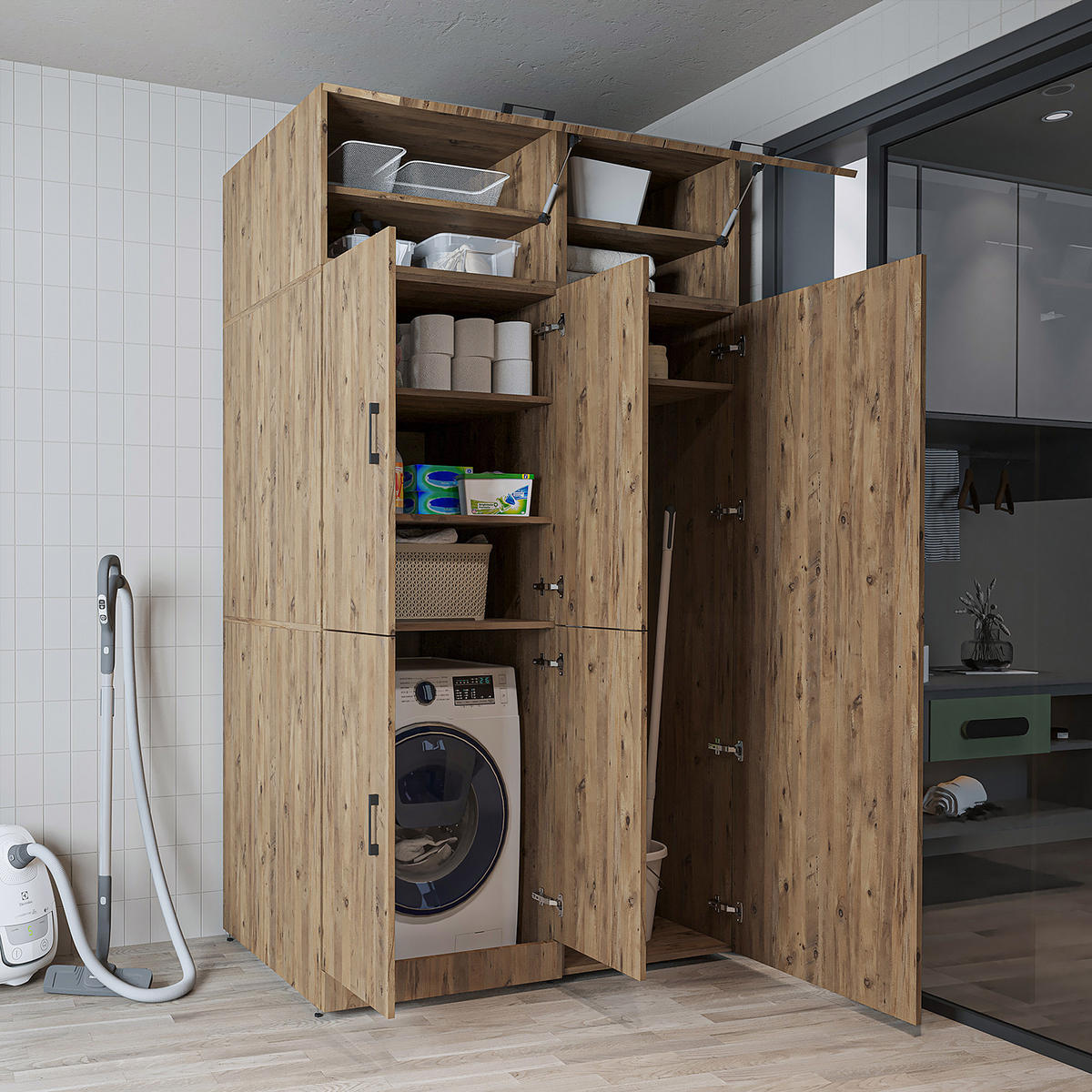 WASCHMASCHINENSCHRANK DORA-II 130cm Breit, 230cm Hoch - Eichefarben, Holzwerkstoff (130/230/73.8cm)