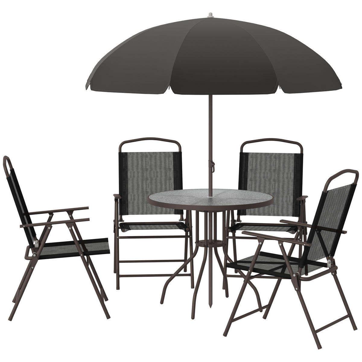 BALKONSET DE-18108 runder Tisch, 4 Klappstühle und Schirm Schwarz - Schwarz, Metall - ComfortXL