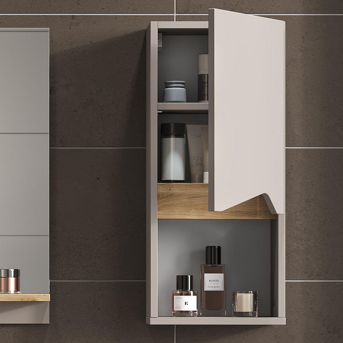 BADSCHRANK Marelle Greige 30 x 67 cm mit Tür und offenem Fach - Greige, Holzwerkstoff (30/67/17cm) - Vicco