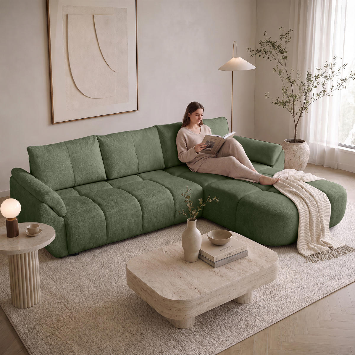 ECKSOFA Massimo, universelle Eckschlafsofa 280 cm mit Schlaffunktion und Bettkasten, Grün - Grün, Textil (283/204cm) - Beautysofa