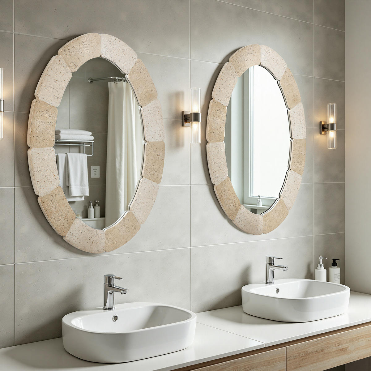 78CM H Ovaler Wandspiegel mit Polyharzrahmen Geeignet für Badezimmer, Wohnzimmer, Schlafzimmer usw. Moderner Boho-Stil - Beige/Akaziefarben, Glas/Kunststoff (78/3.5/52cm) - Hometopia