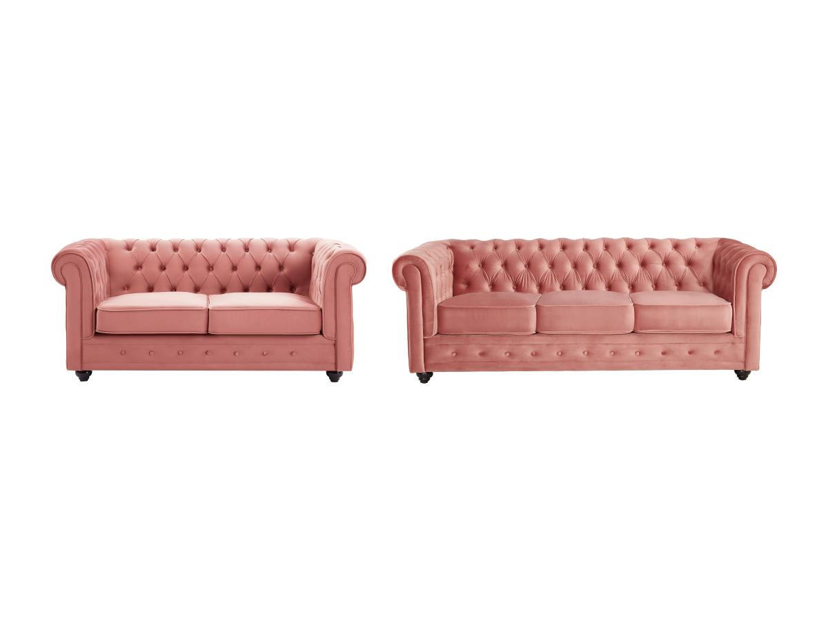 SOFA 3-Sitzer & 2-Sitzer - Samt - Pastellrosa - CHESTERFIELD - Pink, Textil (88/72/205cm) - Vente-Unique