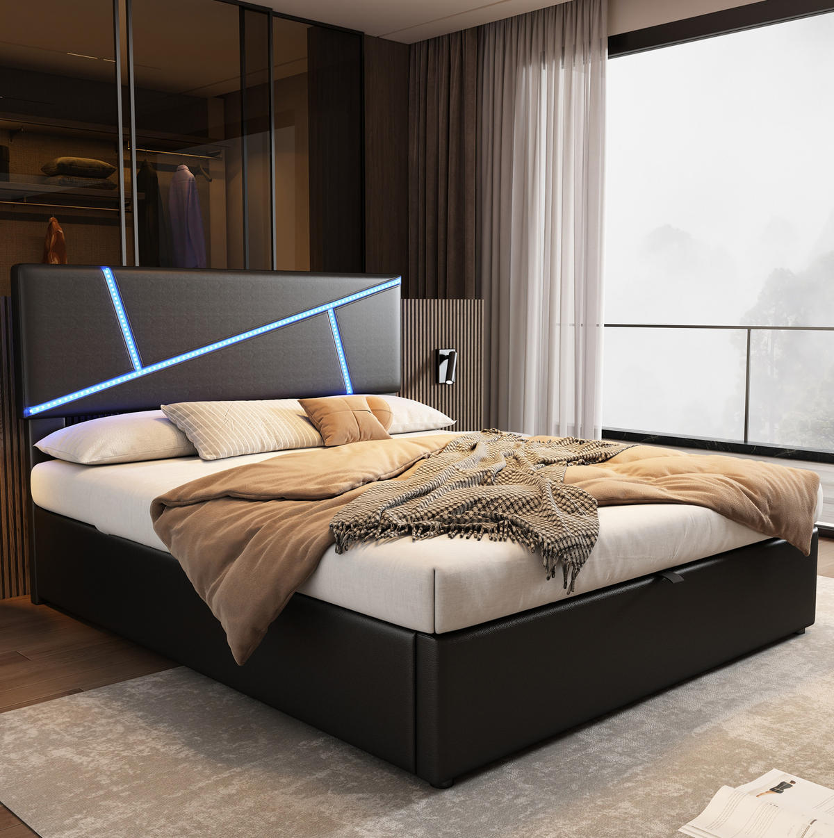 TAPECIRANI krevet 140/200 cm crni od PU-a s LED rasvjetom i spremištem - crna, plastika (140/200cm) - OKWISH