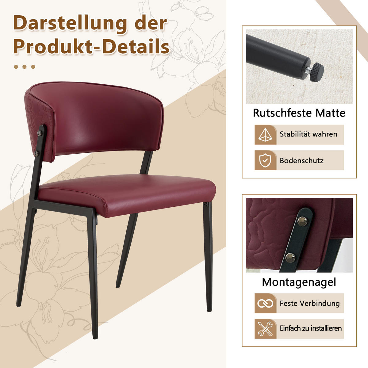 STUHL-SET DE-36686 2 Stück mit Kunstlederbezug und Metallgestell Rot - Rot, Metall (49/78/51cm) - ComfortXL