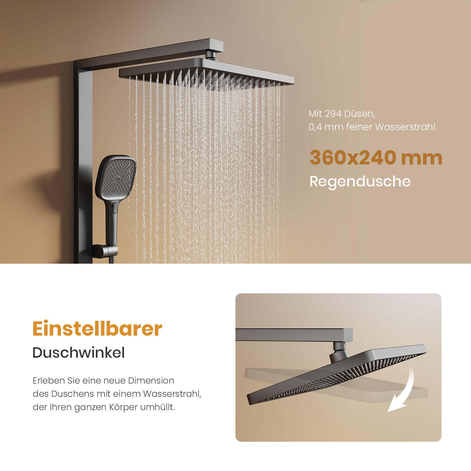 ÜBERKOPFBRAUSESET mit Thermostat Einstellbarer Durchfluss 4-Strahl Anthrazit Matt - Anthrazit, Metall (40.2/105/57.3cm) - EMKE