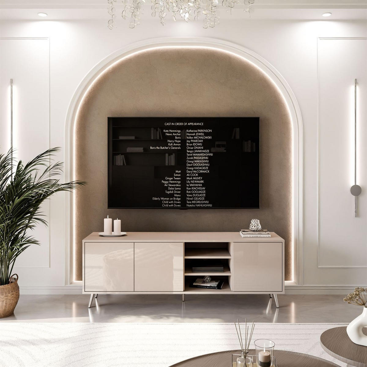 TV-SCHRANK SANAYI Kaschmir Hochglanz – schräge silberne Beine - Kaschmir, Holzwerkstoff (156/54/38cm) - Lookway