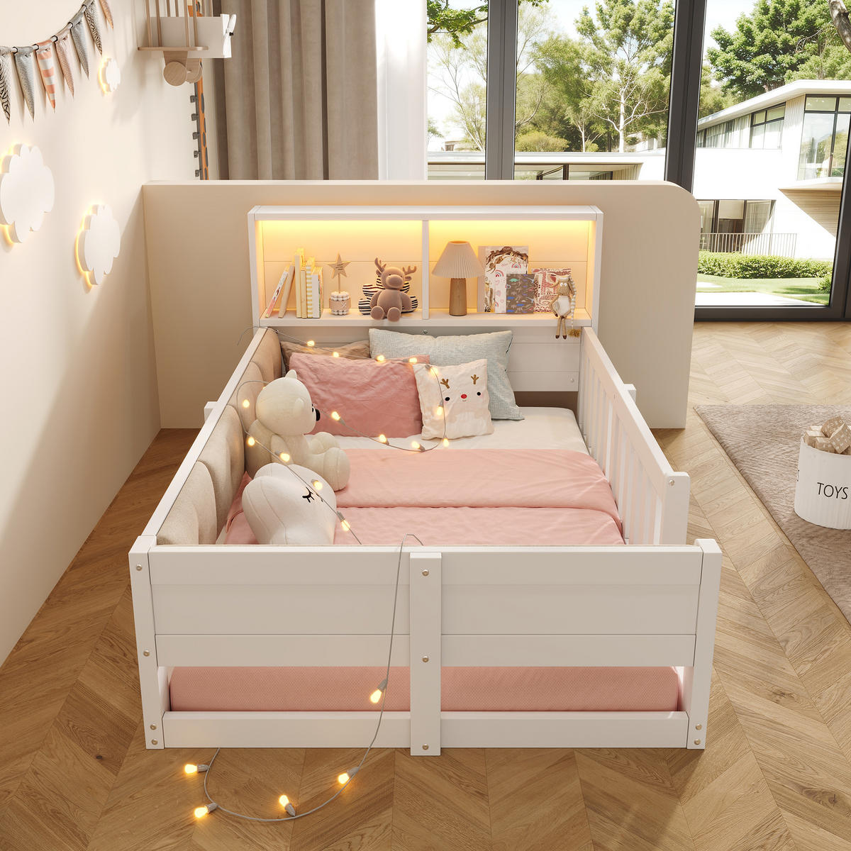 FLACHBETT 90x200cm Gitter Kinderbett LED Weiß - Weiß, Holzwerkstoff (90/200cm) - FLIEKS