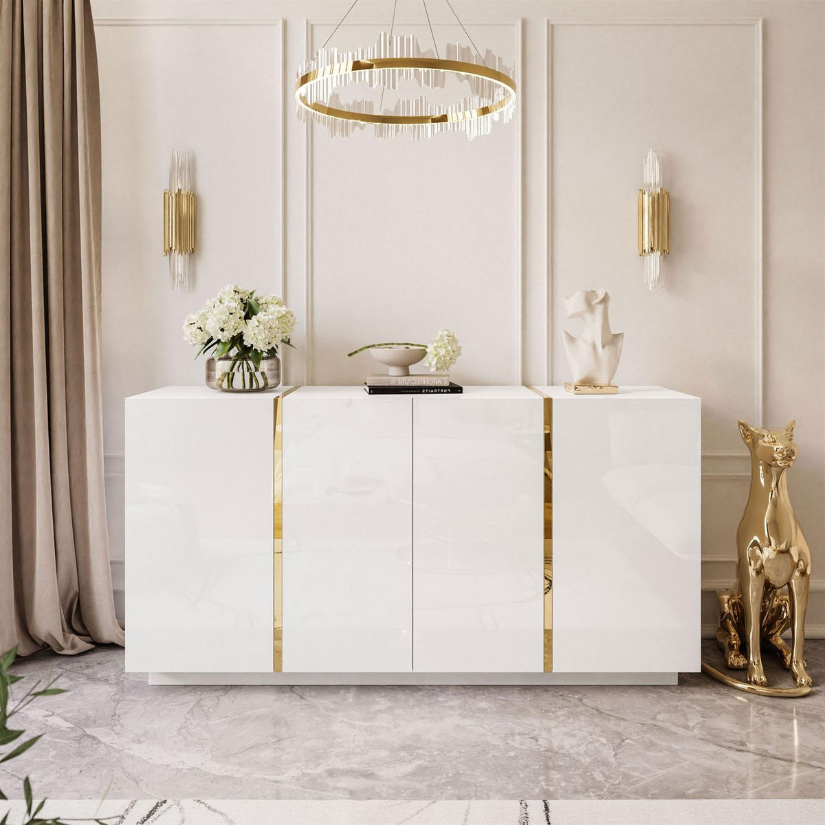 SIDEBOARD ONYX 4T 158 CM LUXURIÖSE KOMMODE MIT HOCHGLANZ FÜR DAS WOHNZIMMER PUSH OPEN - Goldfarben/Weiß, Holzwerkstoff (158/81/41cm) - Lookway