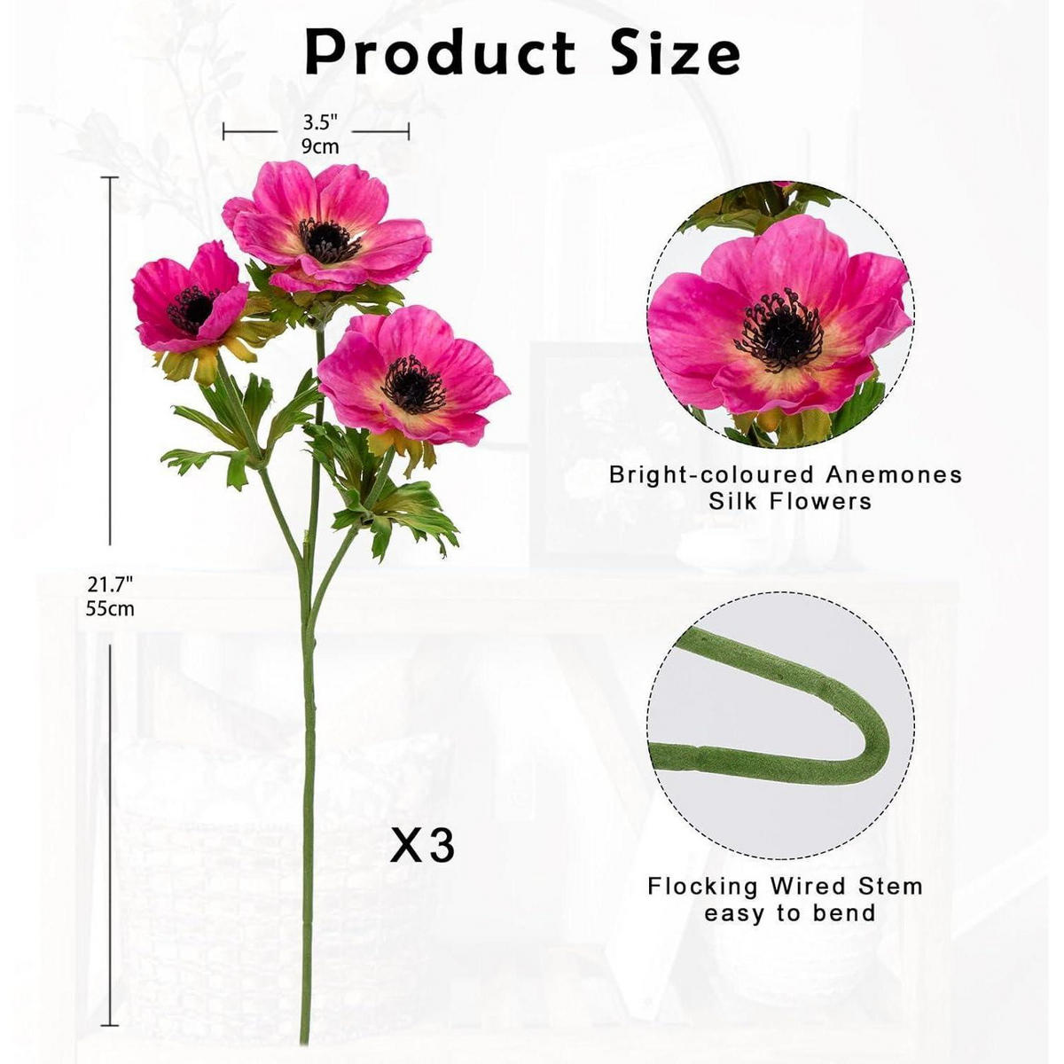 KUNSTBLUMEN 3er Set Anemonen Rosa 55 cm - Rosa, Kunststoff (55cm)