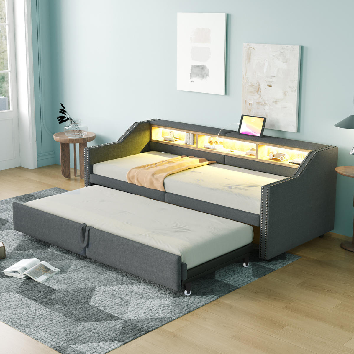 BETT aus Leinen 90/180x200 cm Dunkelgrau mit Ausziehbett, LED, USB und 3 Ablagefächern - Dunkelgrau, Textil (90/190cm) - Modfu