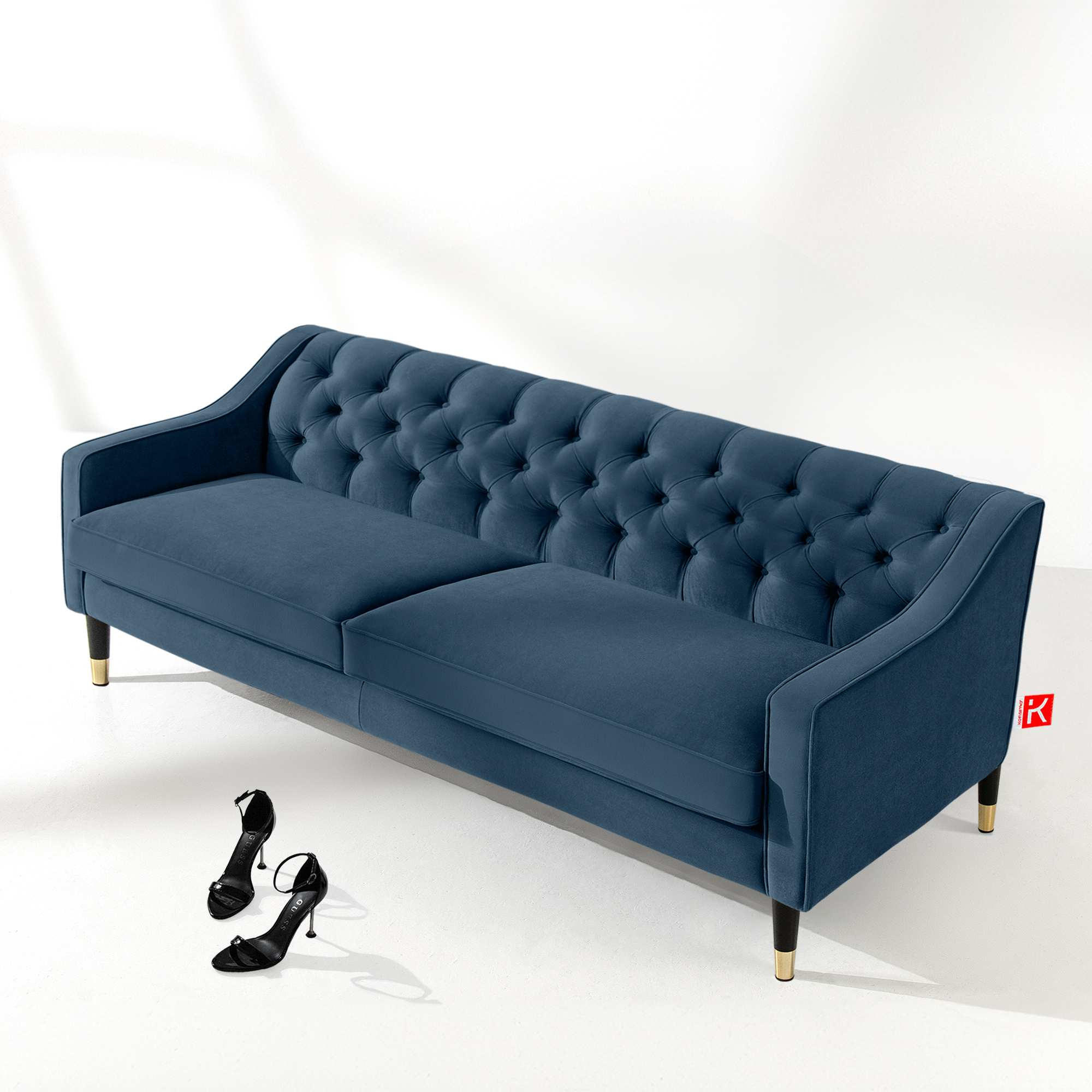 3-SITZER-SOFA NOMUS Velours, gesteppt, Marineblau - Wengefarben/Dunkelblau, Holz/Holzwerkstoff (192/78/80cm) - KONSIMO®
