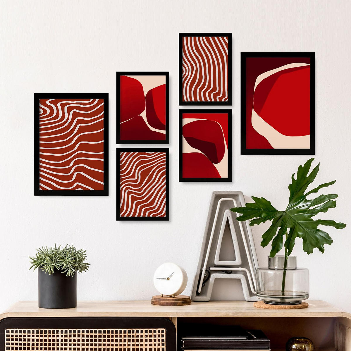 POSTER Set Mit 6 Rote Steine In Form Abstracts Ästhetische Dekorative Gemälde Für Ihr Wohnzimmer, Schlafzimmer, Zuhause A3 & A4 Schwarzer Rahmen - Schwarz, Papier (29/3cm) - Nacnic