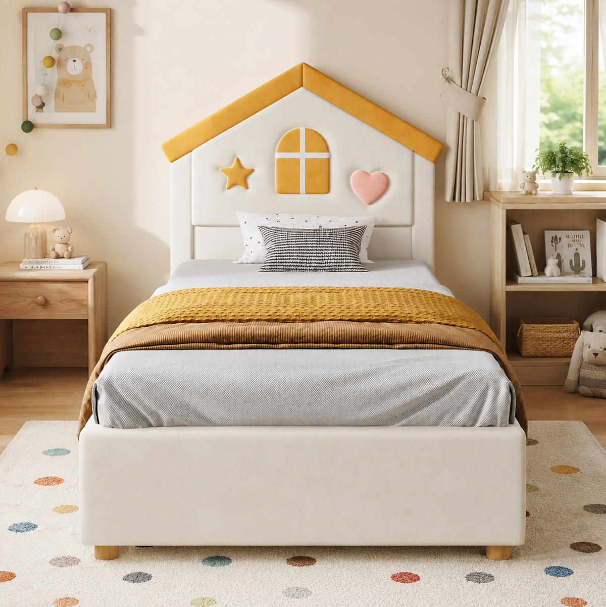 POLSTERBETT 90/200 cm in Beige mit 4 Schubladen und Haus-Kopfteil aus Samt - Beige, Textil (90/200cm) - Flora Grace