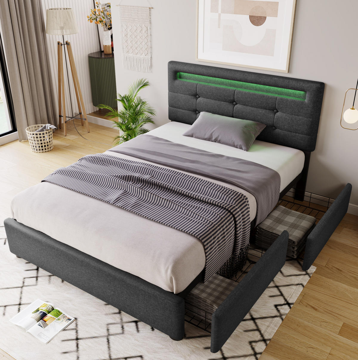 POLSTERBETT 90/200 cm Grau mit LED-Beleuchtung und 2 Schubladen - Grau, Textil (90/200cm) - Flora Grace