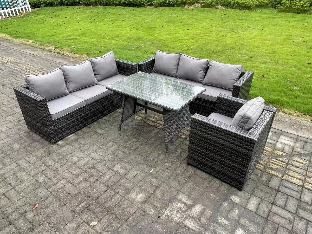 GARTENMÖBELSET mit Esstisch,Stuhl 7-Sitzer Grau - Dunkelgrau/Grau, Glas/Kunststoff - Fimous