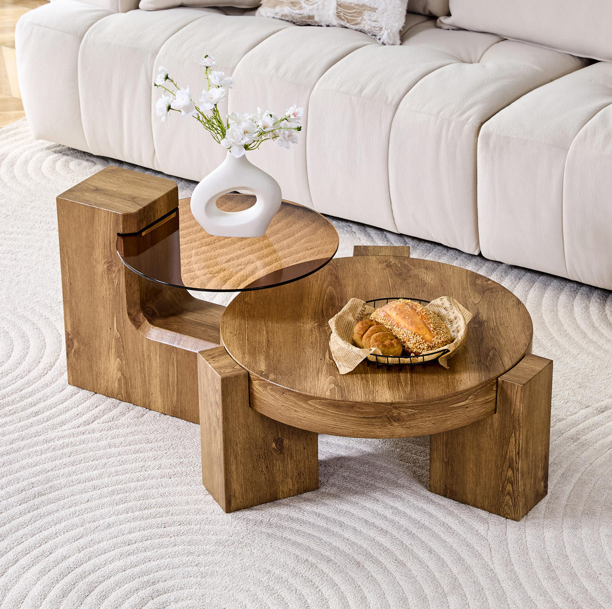 COUCHTISCH aus MDF und Glas Ø61x30 cm in Holzoptik mit 2 Ebenen - Naturfarben, Holzwerkstoff (61/61/30cm) - Modfu
