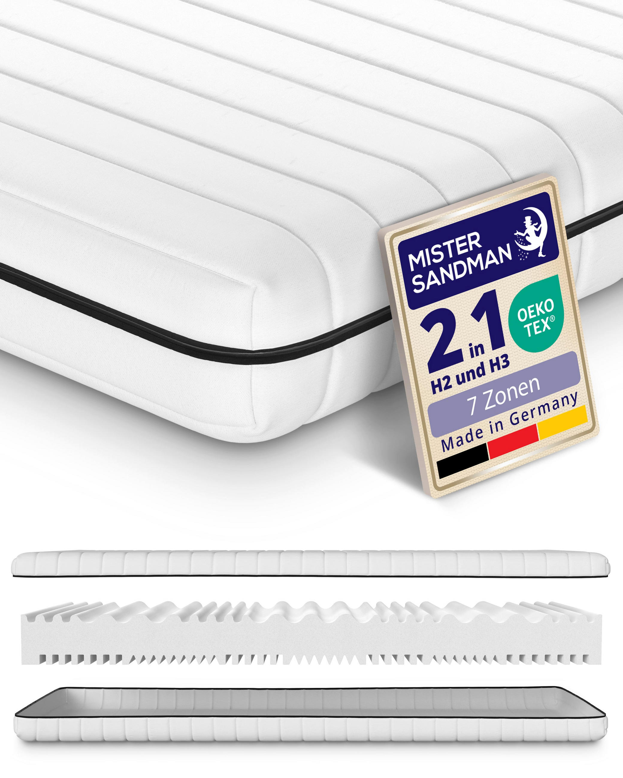 KALTSCHAUMMATRATZE 90x200 H2 H3 - hygienisch und allergikergeeignet - pflegeleichter Bezug - ideal für Gästezimmer oder Ferienwohnung - Höhe 15 cm - Weiß, Textil (90/200cm) - Mister Sandman