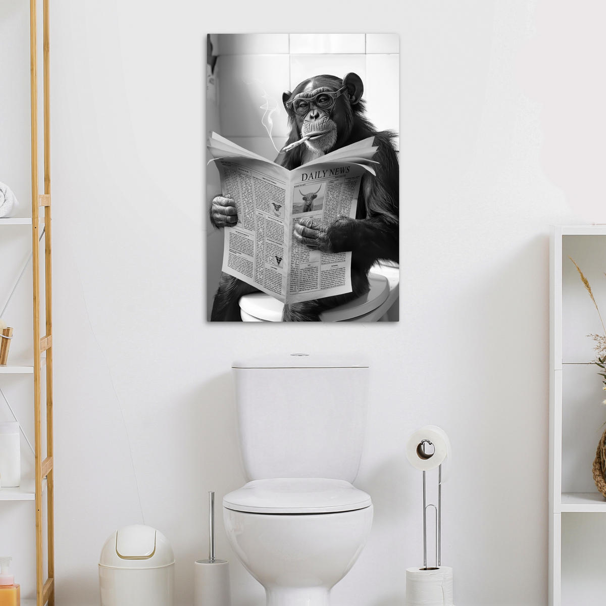 LEINWANDBILD Affe - WC - Zeitung - Schwarz-Weiß - Humor 60x90 cm - Hellgrau, Textil (60/90cm) - MuchoWow