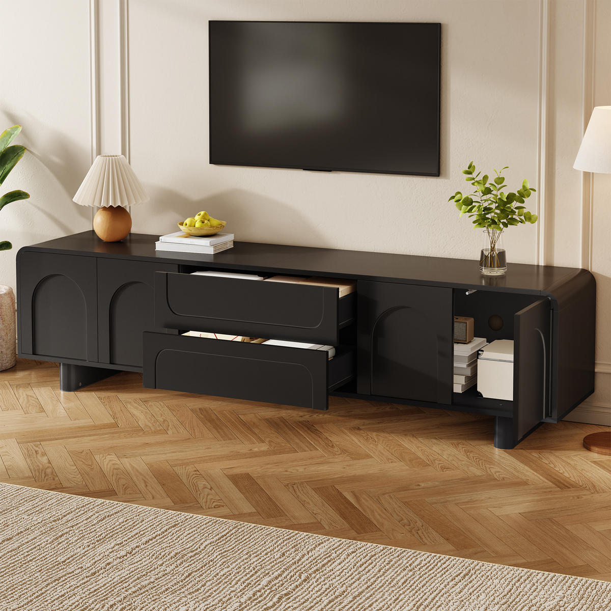 TV-SCHRANK 180/40/46 cm Schwarz mit 4 Türen und 2 Schubladen - Schwarz, Holzwerkstoff (180/46/40cm) - Oxeza
