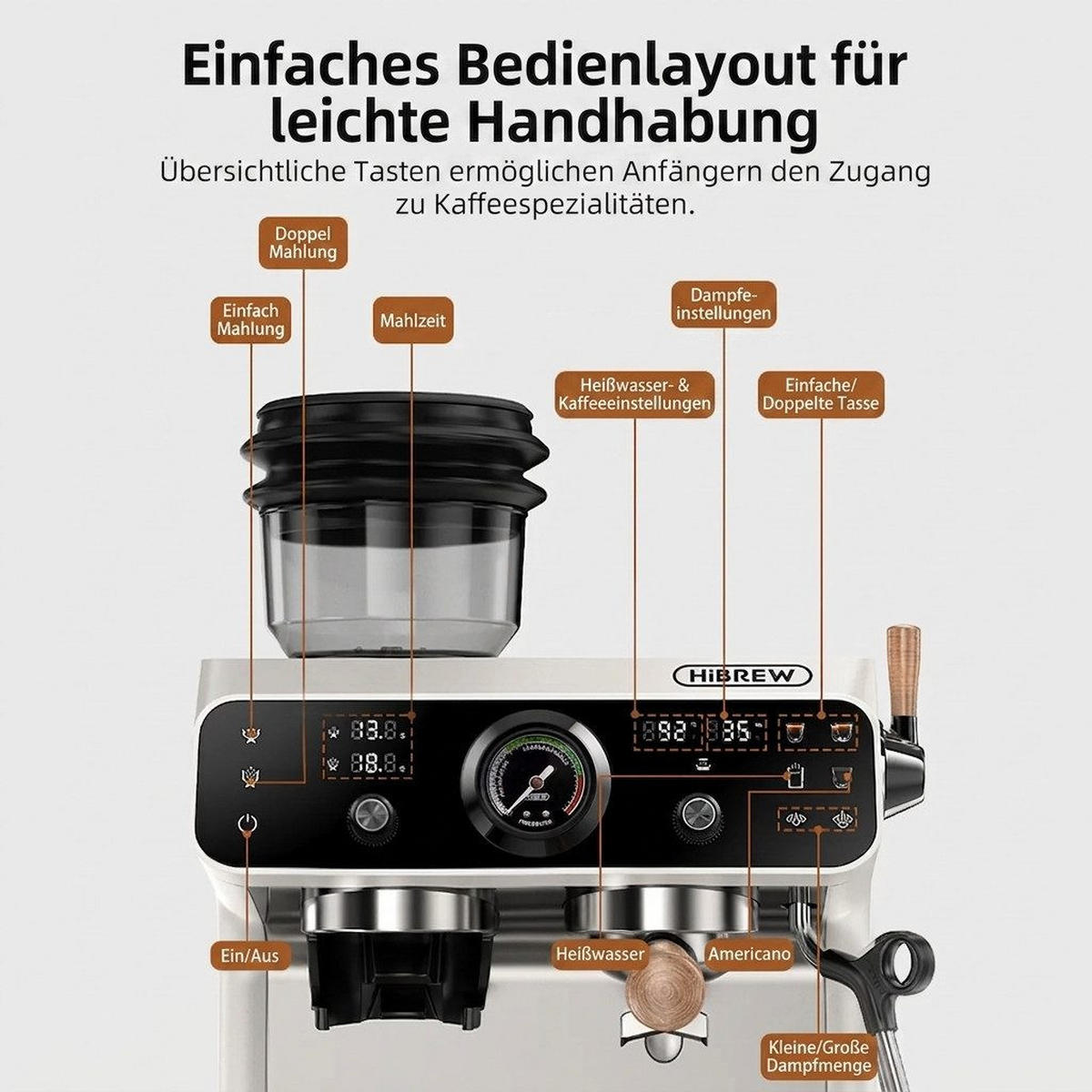 SIEBTRÄGERMASCHINE 2-in-1 mit Mahlwerk & Touchscreen Dual-Heizsystem - Beige, Metall (41.4/46.7/39cm) - BEXEVUE
