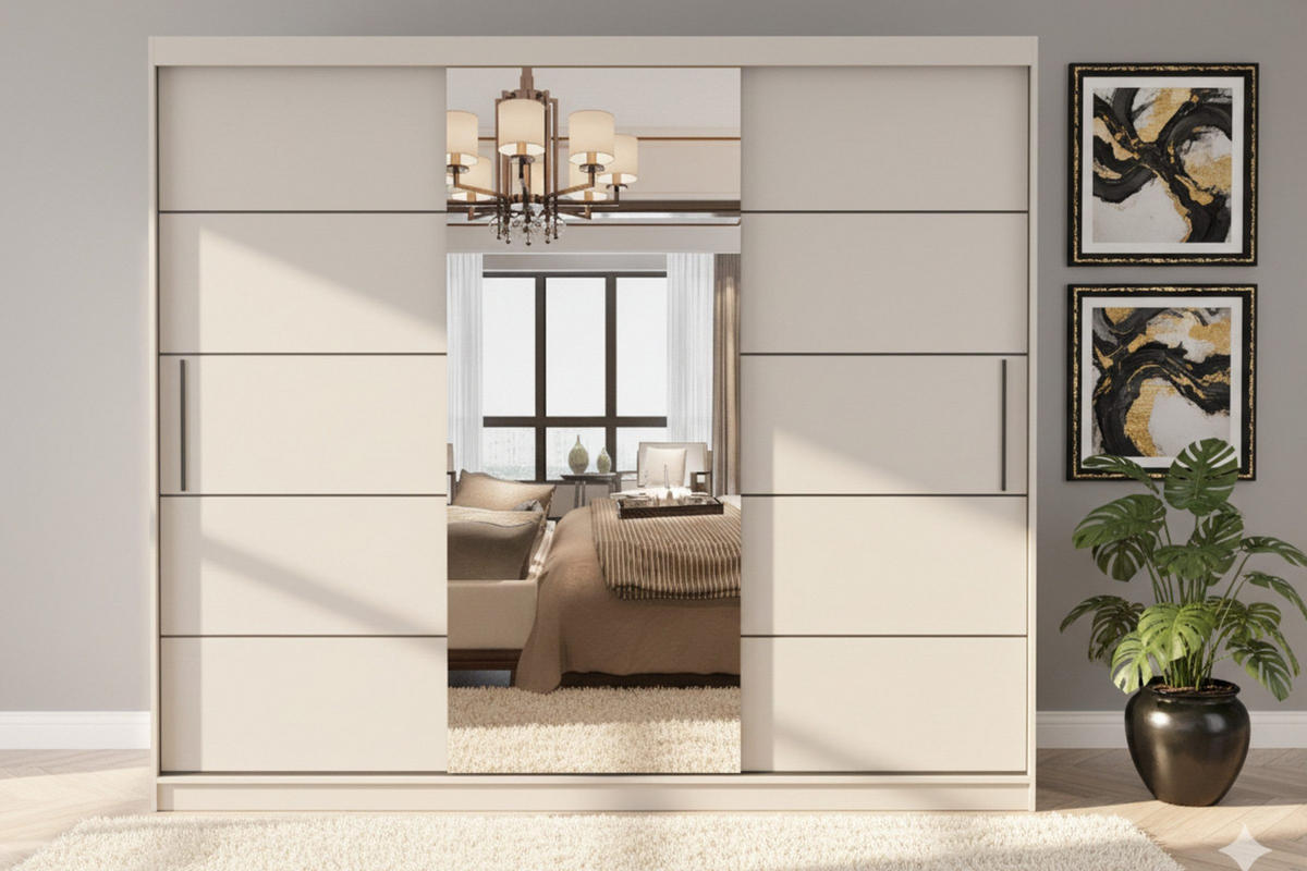 SCHWEBETÜRENSCHRANK ALASKA 250cm breit in Kaschmir mit Spiegel und LED - Kaschmir, Holzwerkstoff (250/218/61cm) - Deine Möbel 24