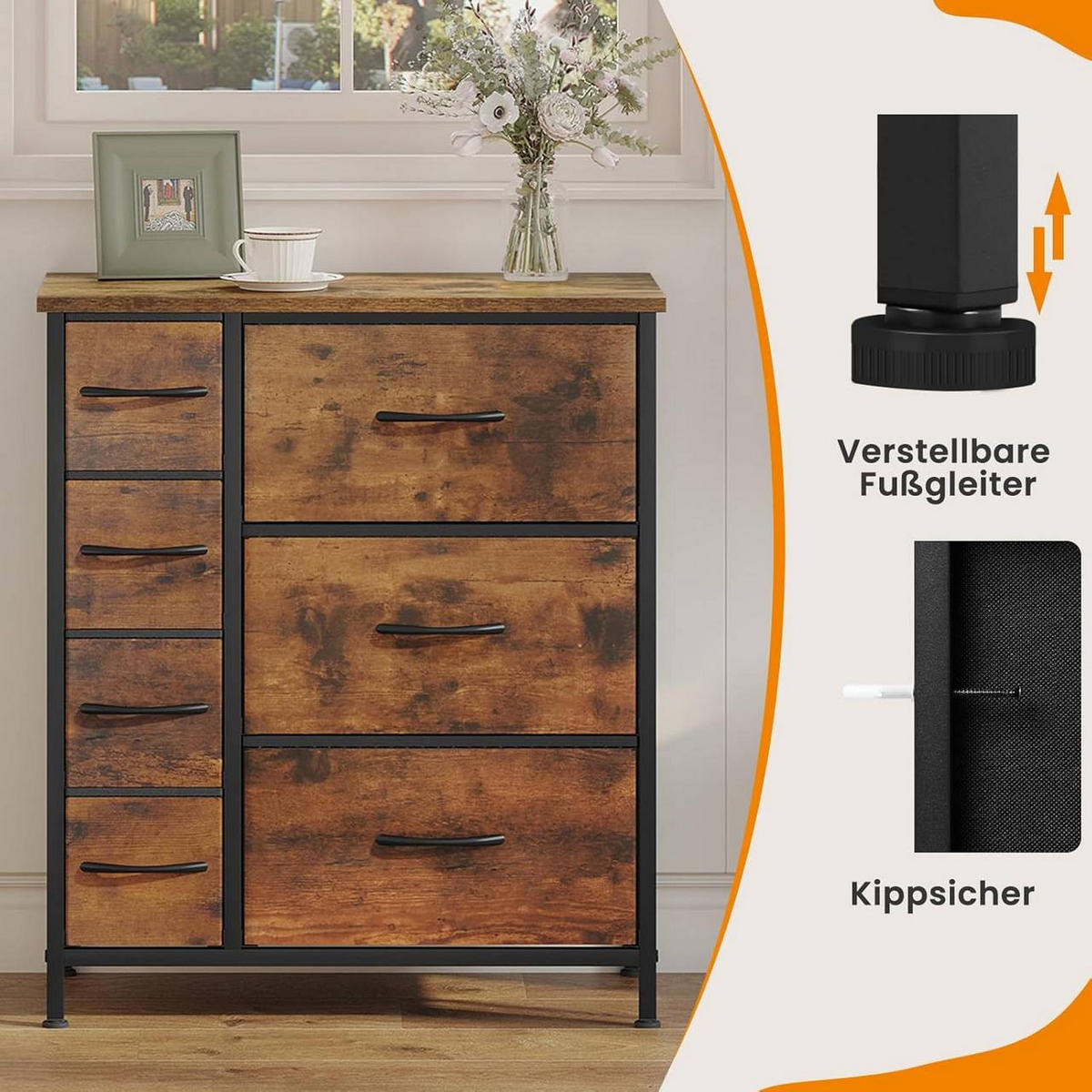 KOMMODE mit 7 Schubladen aus Stoff, Vintagebraun - Schwarz/Braun, Holzwerkstoff/Textil (63.5/73/30cm) - Woltu