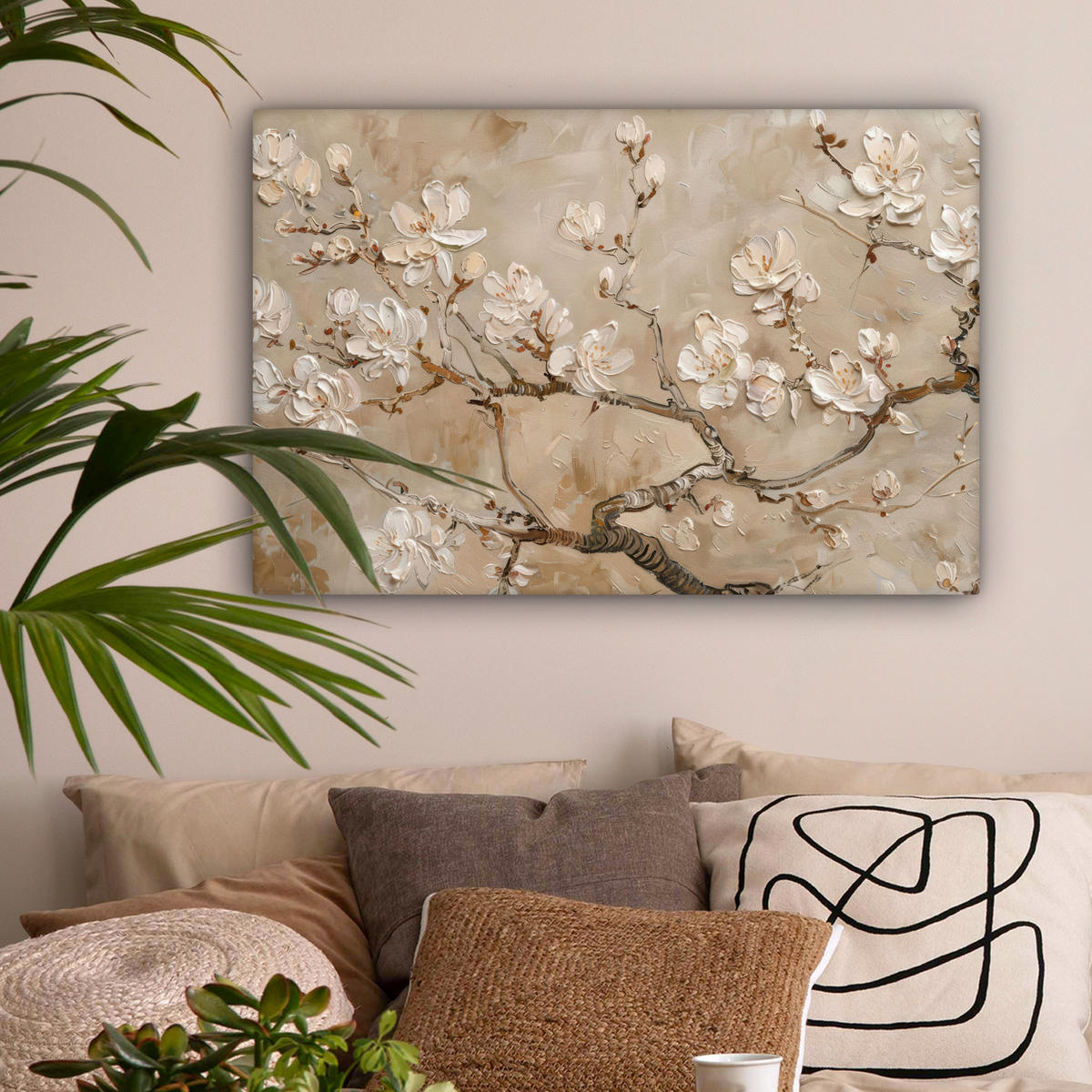 LEINWANDBILD - Blumen - Modern - Beige - Weiß - Blüte - 90x60 - Deko Wohnzimmer - Beige, Textil (90/60cm) - MuchoWow