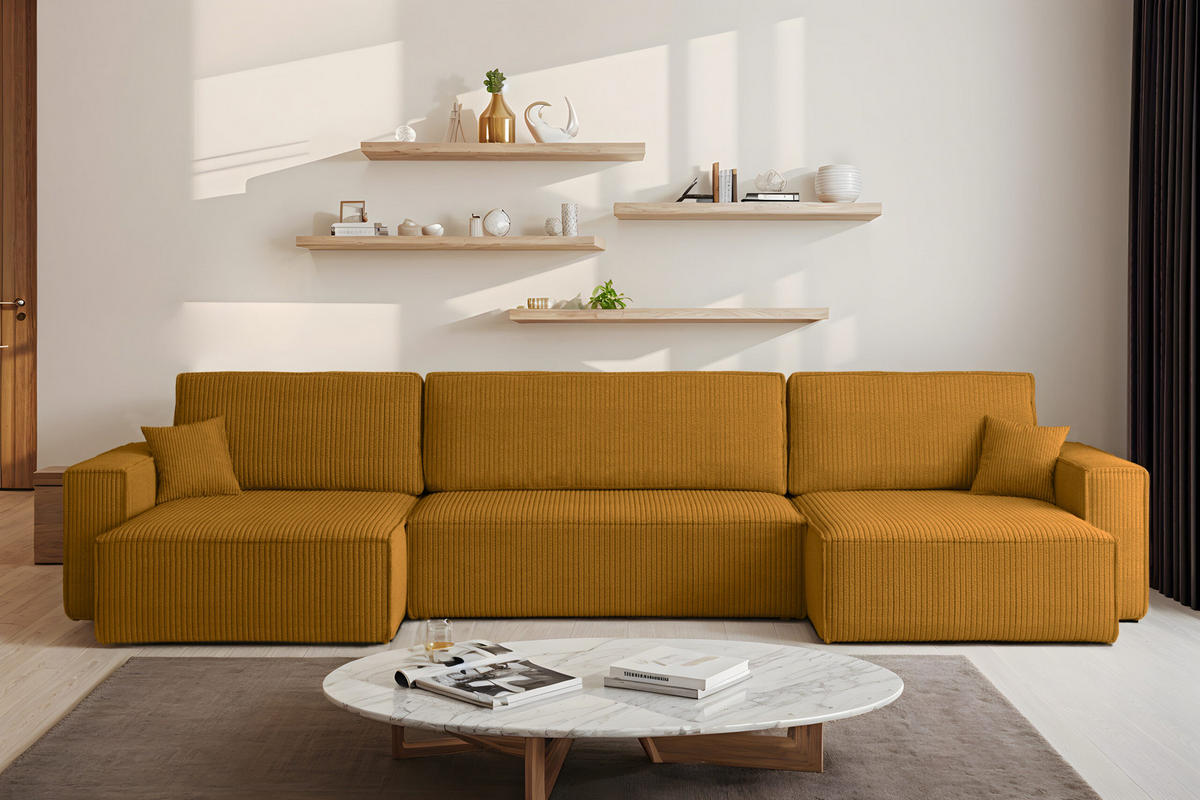 ECKSOFA Mit Schlaffunktion Und Bettkasten BEST U XL Stoff Poso Senffarbe - Gelb, Holz (142/372cm) - Kaiser Möbel