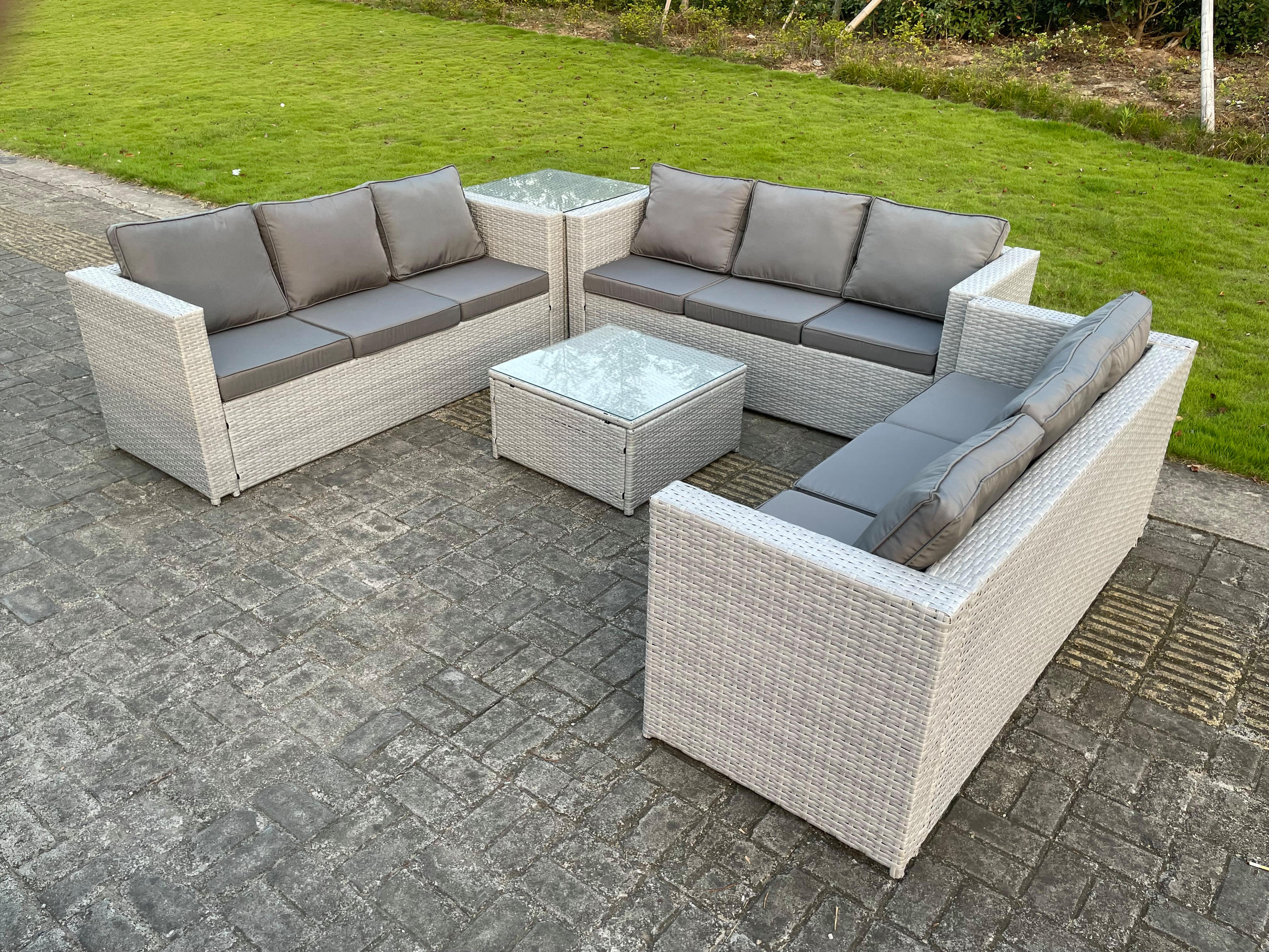 GARTENSOFA SET mit Couchtisch Polyrattan Helles Grau 9-Sitzer - Hellgrau, Metall - Fimous