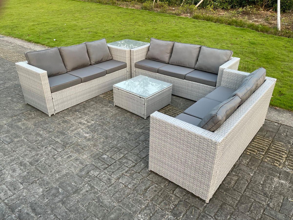 GARTENSOFA SET mit Couchtisch Polyrattan Helles Grau 9-Sitzer - Hellgrau, Metall - Fimous