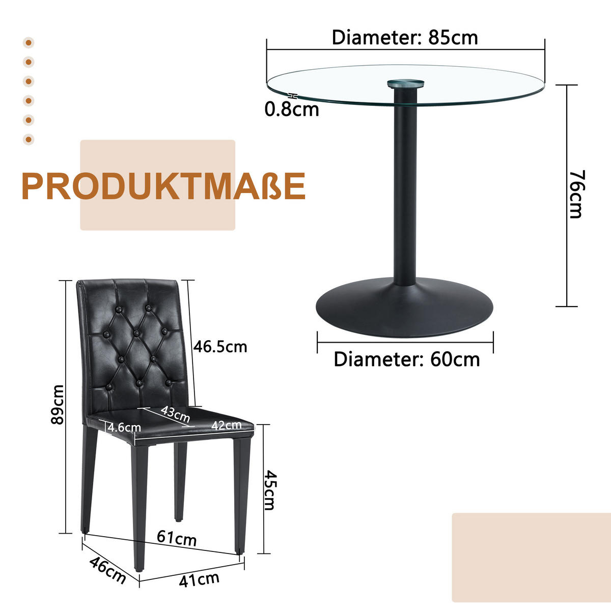 TISCH- UND STUHLSET mit Glastisch 85 cm Schwarz/Transparent 5-tlg. - Schwarz, Metall (85/76/85cm) - Meubliv