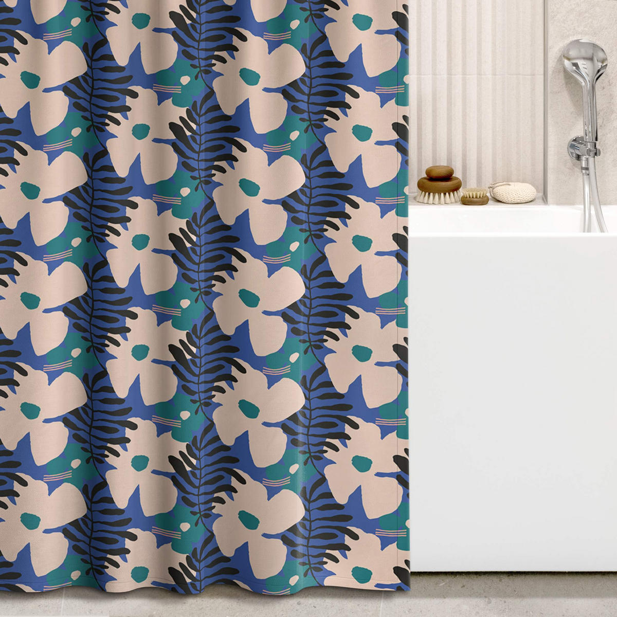 DUSCHVORHANG Blumen und Blätter auf Blau 180/200 cm - Blau, Textil (180/200cm) - Bilderwelten