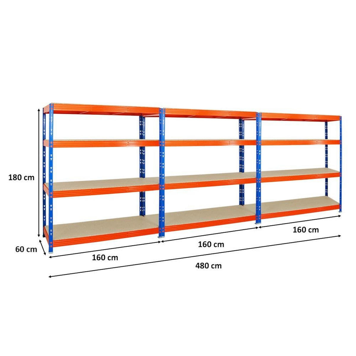SCHWERLASTREGAL Rhino 3er-Set mit 3x 180x160x60 cm 4 Spanplatten-Ebenen 16mm Fachlast 500 kg Blau-Orange - Orange, Metall (480/180/60cm) - PROREGAL