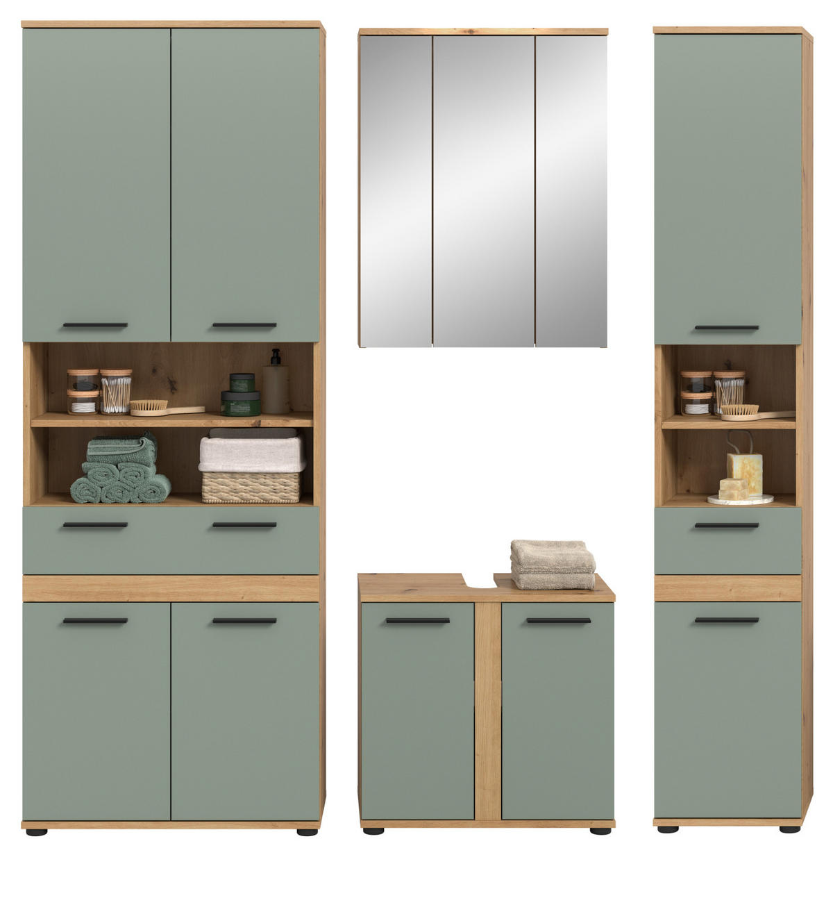 BADMÖBEL-SET 4-teilig Salbei grün, Artisan Eiche 199 cm, Badezimmerschränke mit viel Stauraum - Salbeigrün/Schwarz, Glas/Holzwerkstoff (195/191/34cm) - Inn.Furn