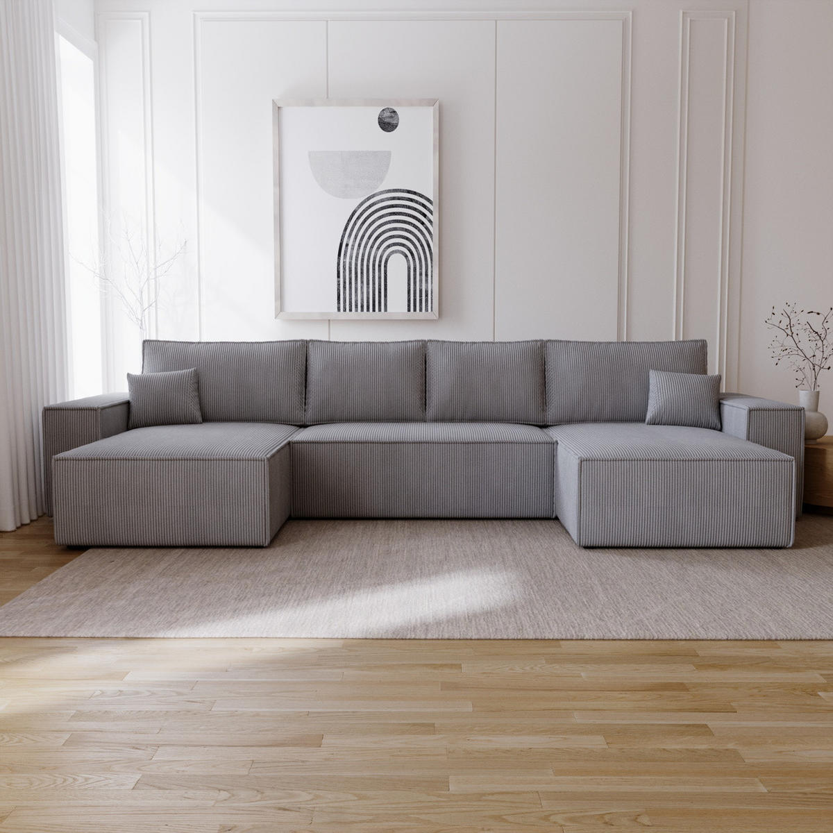 ECKSOFA U 380 cm Bergamo mit Schlaffunktion, Cordstoff, Grau - Grau, Holz (377/189cm) - Emporius