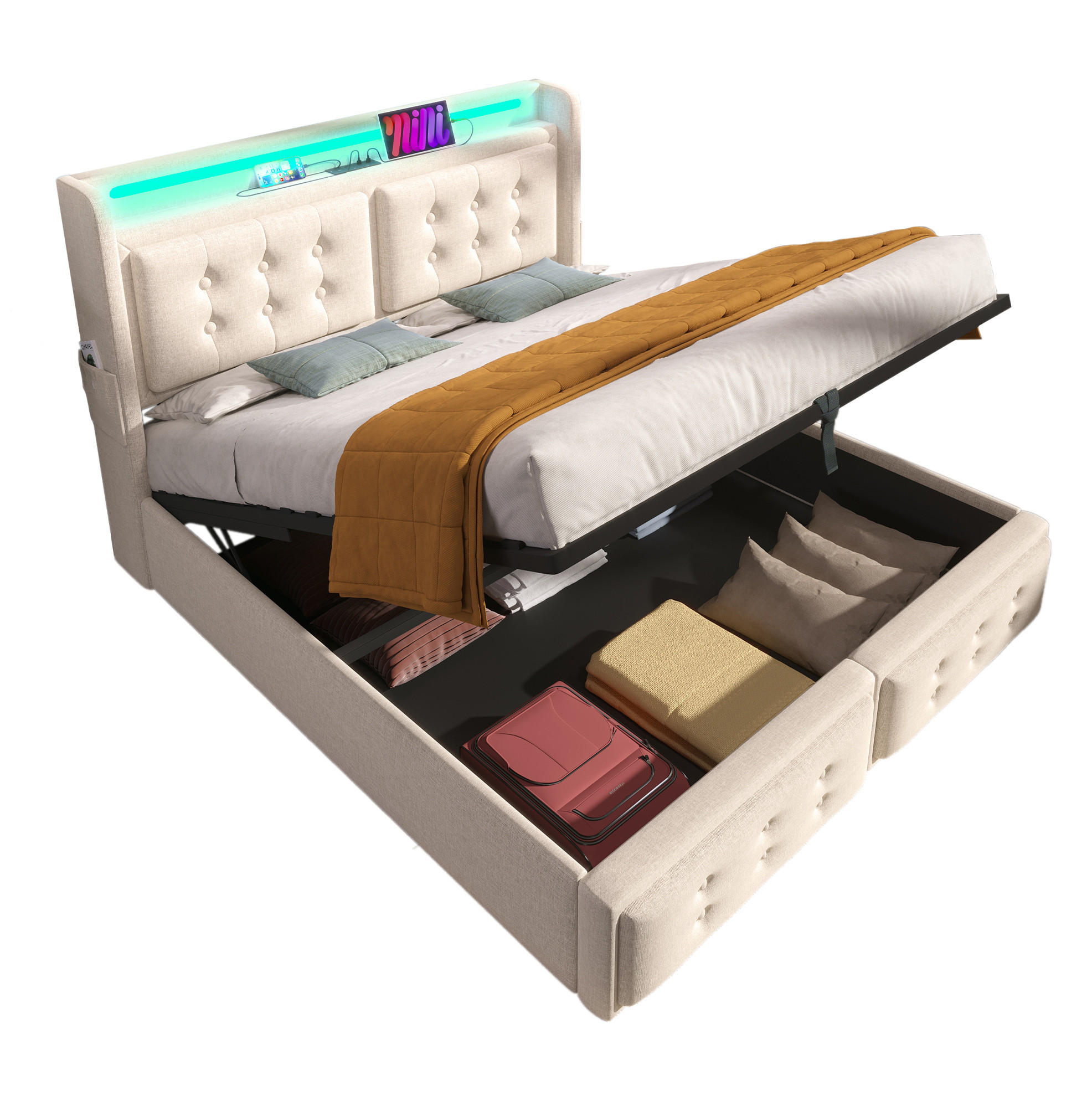 POLSTERBETT mit Bettkasten 140/200 cm in Beige mit LED und USB-C - Beige, Textil (140/200cm) - BEAOK