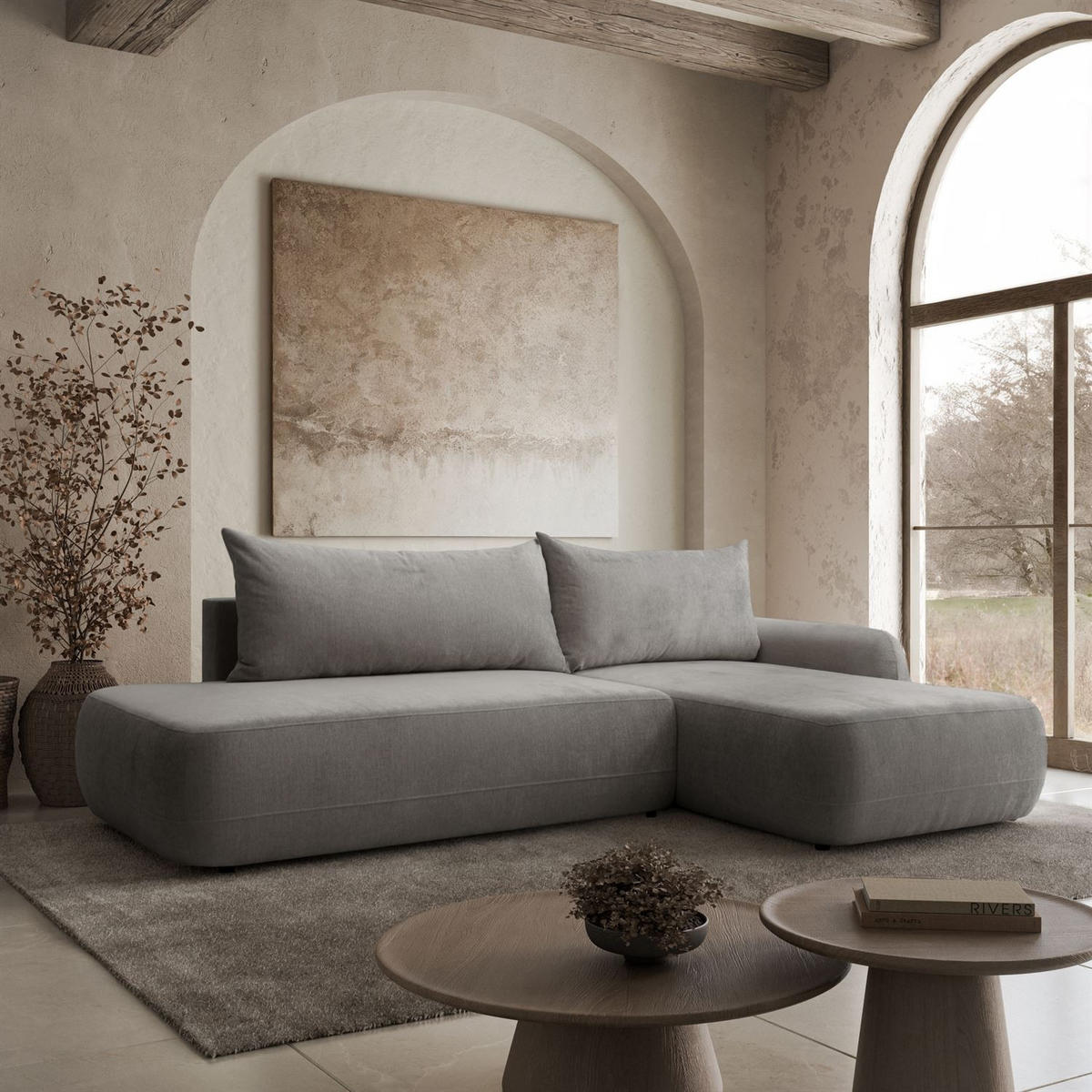 ECKSOFA GOYA mit Schlaffunktion und Bettkasten, Rechte, Perfect Harmony 85 - Hellgrau, Textil (302/184cm) - Lookway