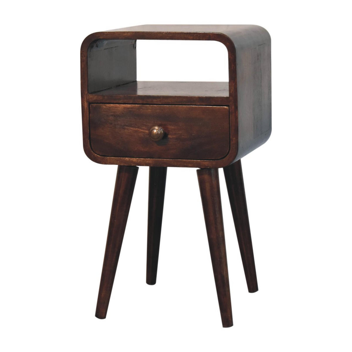 CALIFORNIA NOČNA OMARICA v orehovem zaključku, ukrivljena z odprto polico - hnedá, drevo (30/55/30cm) - Artisan Furniture