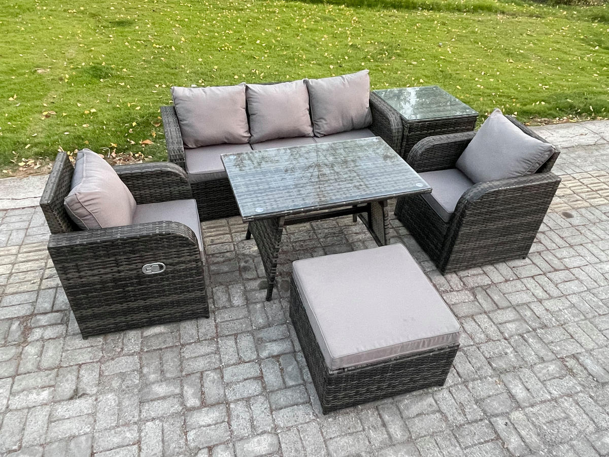 GARTENMÖBEL SET mit COUCHTISCH Polyrattan Dunkelgrau 6-Sitzer - Dunkelgrau/Grau, Glas/Kunststoff - Fimous