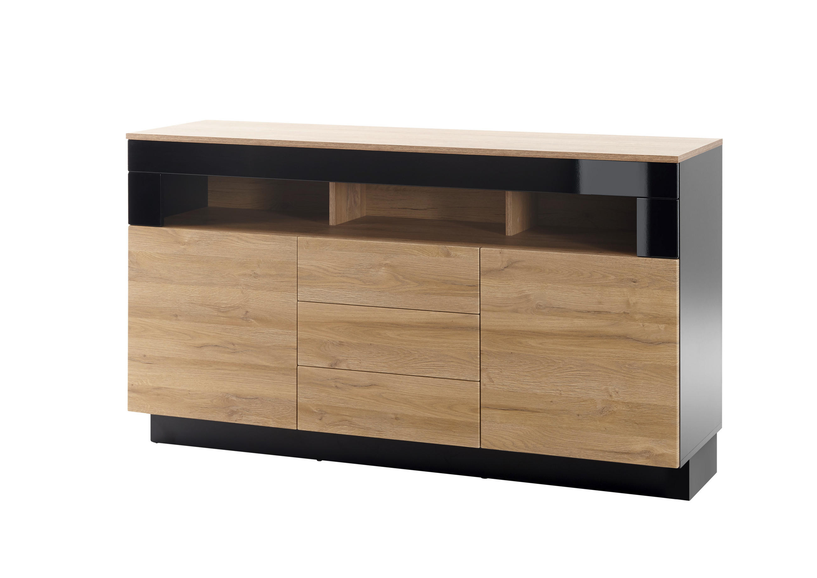 SIDEBOARD M14 Schwarz Hochglanz & Grandson Oak hell 149/85/43 cm mittel - Schwarz Hochglanz/Eichefarben, Holzwerkstoff (149/85/43cm) - Livojo